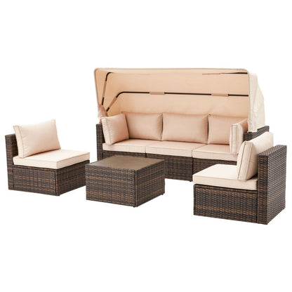 6 Pieces Patio Furniture Sets w/Adjustable Canopy and Backrest, All Weather Wicker Outdoor Patio Conversation Sets, Comfy Outdoor Couch Patio Sectional for Summer Outside, Backyard