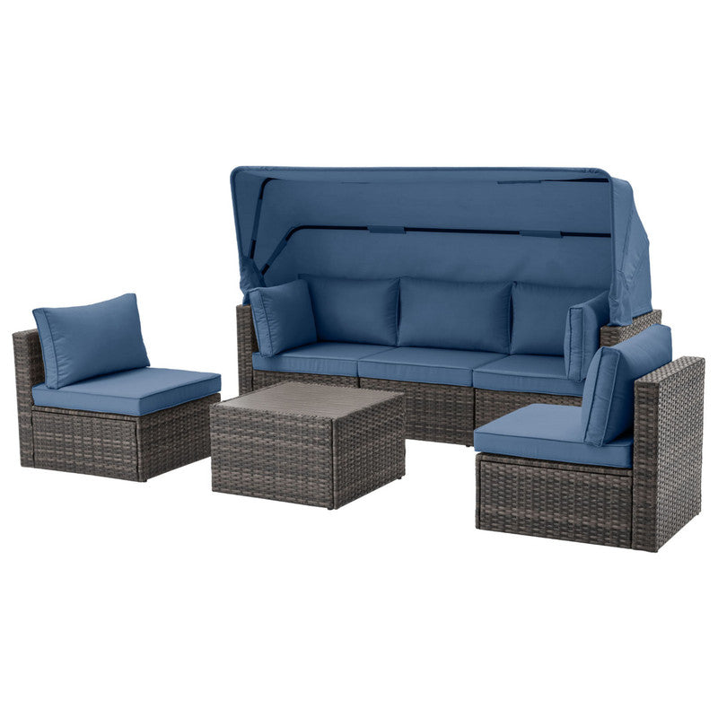 6 Pieces Patio Furniture Sets w/Adjustable Canopy and Backrest, All Weather Wicker Outdoor Patio Conversation Sets, Comfy Outdoor Couch Patio Sectional for Summer Outside, Backyard