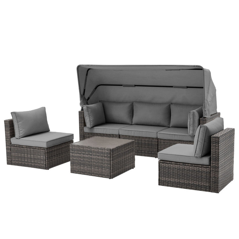 6 Pieces Patio Furniture Sets w/Adjustable Canopy and Backrest, All Weather Wicker Outdoor Patio Conversation Sets, Comfy Outdoor Couch Patio Sectional for Summer Outside, Backyard