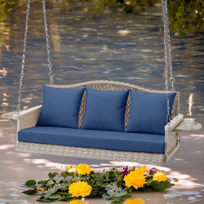 Upgraded Wicker Hanging Porch Swing Heavy Duty 900 LBS 3-Seat Outdoor Patio Swing Chair Bench for Adult w/ 8.9ft Hanging Chains Cushions and Cup Holder