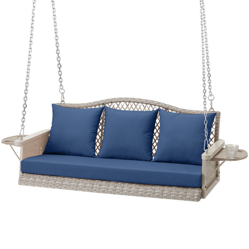 Upgraded Wicker Hanging Porch Swing Heavy Duty 900 LBS 3-Seat Outdoor Patio Swing Chair Bench for Adult w/ 8.9ft Hanging Chains Cushions and Cup Holder