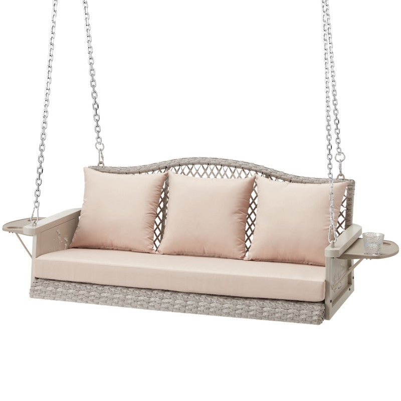 Upgraded Wicker Hanging Porch Swing Heavy Duty 900 LBS 3-Seat Outdoor Patio Swing Chair Bench for Adult w/ 8.9ft Hanging Chains Cushions and Cup Holder
