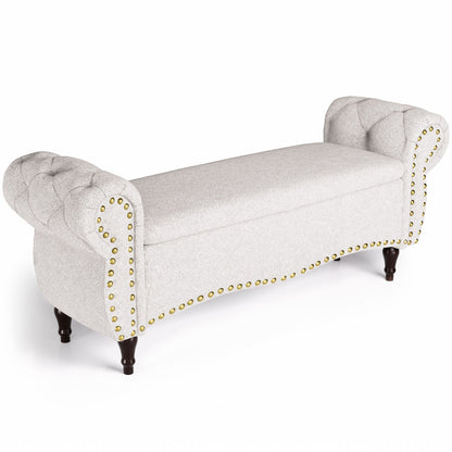 53" Tufted Storage Ottoman Bench, Upholstered End-of-Bed Bench with Rolled Arms, Nailhead Trim & Safety Hinge for Bedroom, Living Room & Entryway