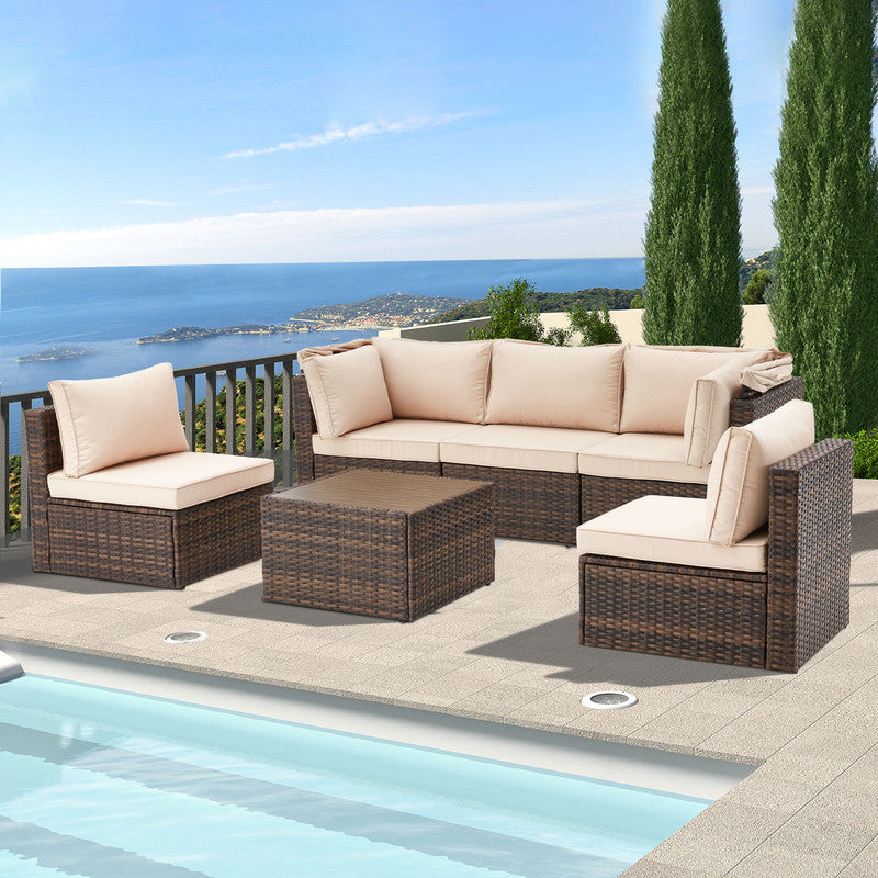 6 Pieces Patio Furniture Sets w/Adjustable Canopy and Backrest, All Weather Wicker Outdoor Patio Conversation Sets, Comfy Outdoor Couch Patio Sectional for Summer Outside, Backyard