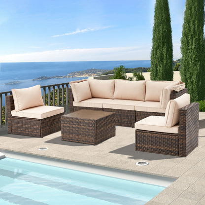 6 Pieces Patio Furniture Sets w/Adjustable Canopy and Backrest, All Weather Wicker Outdoor Patio Conversation Sets, Comfy Outdoor Couch Patio Sectional for Summer Outside, Backyard