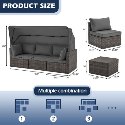 6 Pieces Patio Furniture Sets w/Adjustable Canopy and Backrest, All Weather Wicker Outdoor Patio Conversation Sets, Comfy Outdoor Couch Patio Sectional for Summer Outside, Backyard