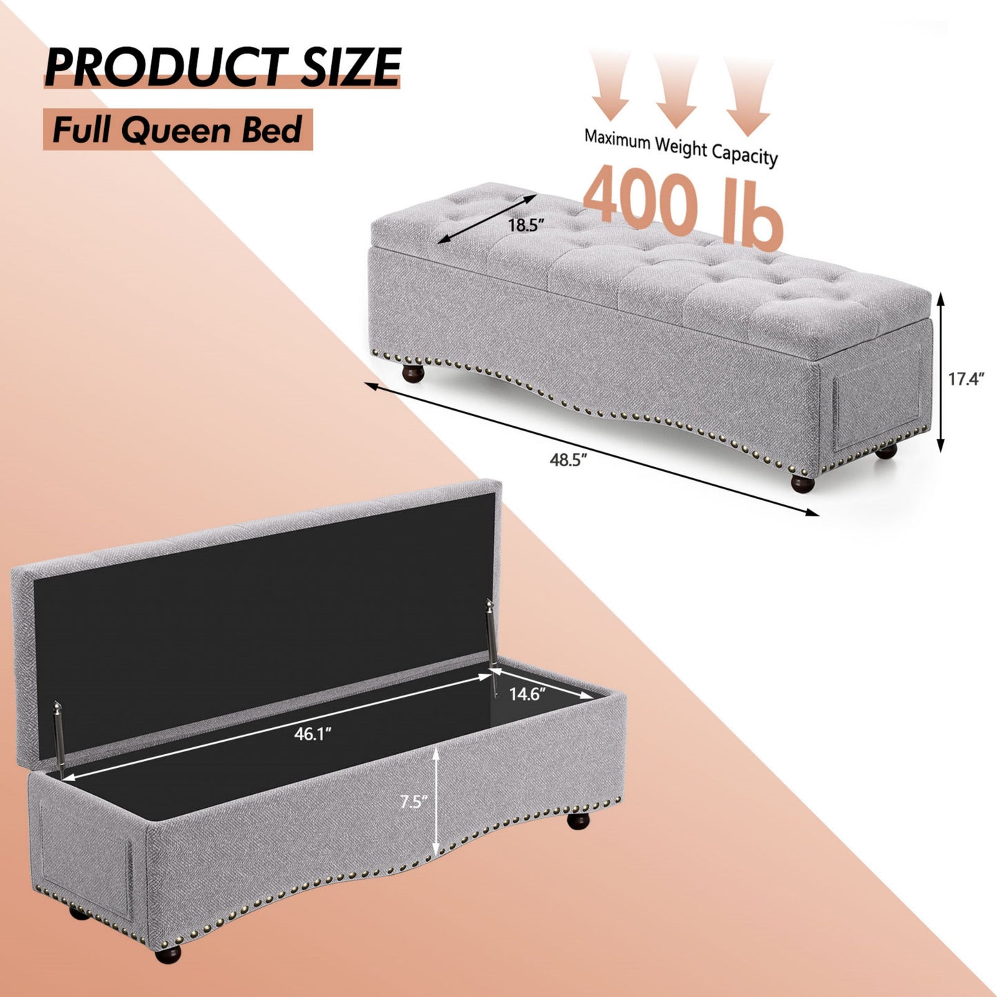 48.5" Storage Bench, Tufted Upholstered End-of-Bed Ottoman with Safety Hinge, Nailhead Trim & Side Pockets for Bedroom, Entryway & Living Room