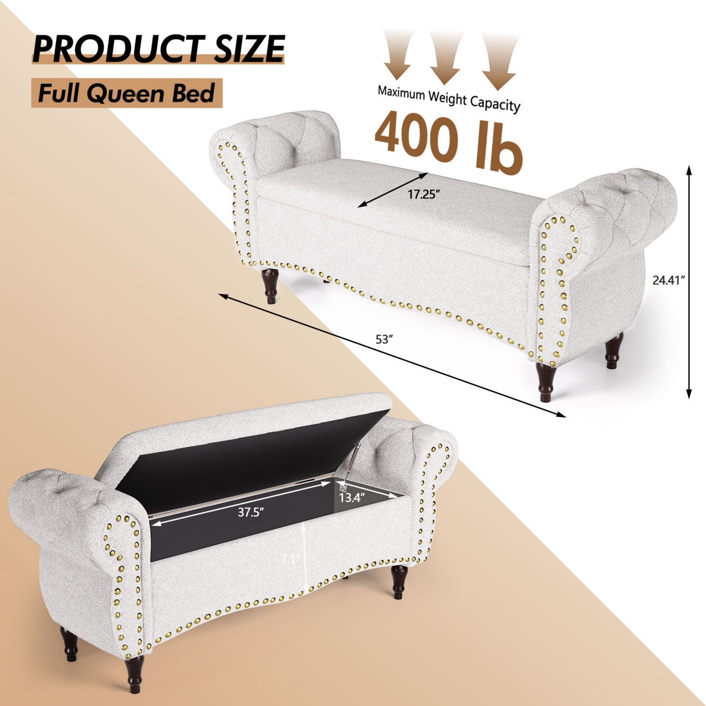 53" Tufted Storage Ottoman Bench, Upholstered End-of-Bed Bench with Rolled Arms, Nailhead Trim & Safety Hinge for Bedroom, Living Room & Entryway