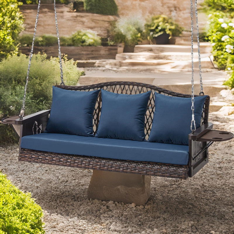 Upgraded Wicker Hanging Porch Swing Heavy Duty 900 LBS 3-Seat Outdoor Patio Swing Chair Bench for Adult w/ 8.9ft Hanging Chains Cushions and Cup Holder