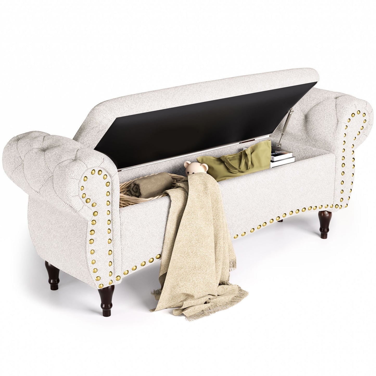 53" Tufted Storage Ottoman Bench, Upholstered End-of-Bed Bench with Rolled Arms, Nailhead Trim & Safety Hinge for Bedroom, Living Room & Entryway