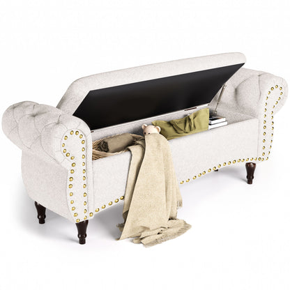53" Tufted Storage Ottoman Bench, Upholstered End-of-Bed Bench with Rolled Arms, Nailhead Trim & Safety Hinge for Bedroom, Living Room & Entryway