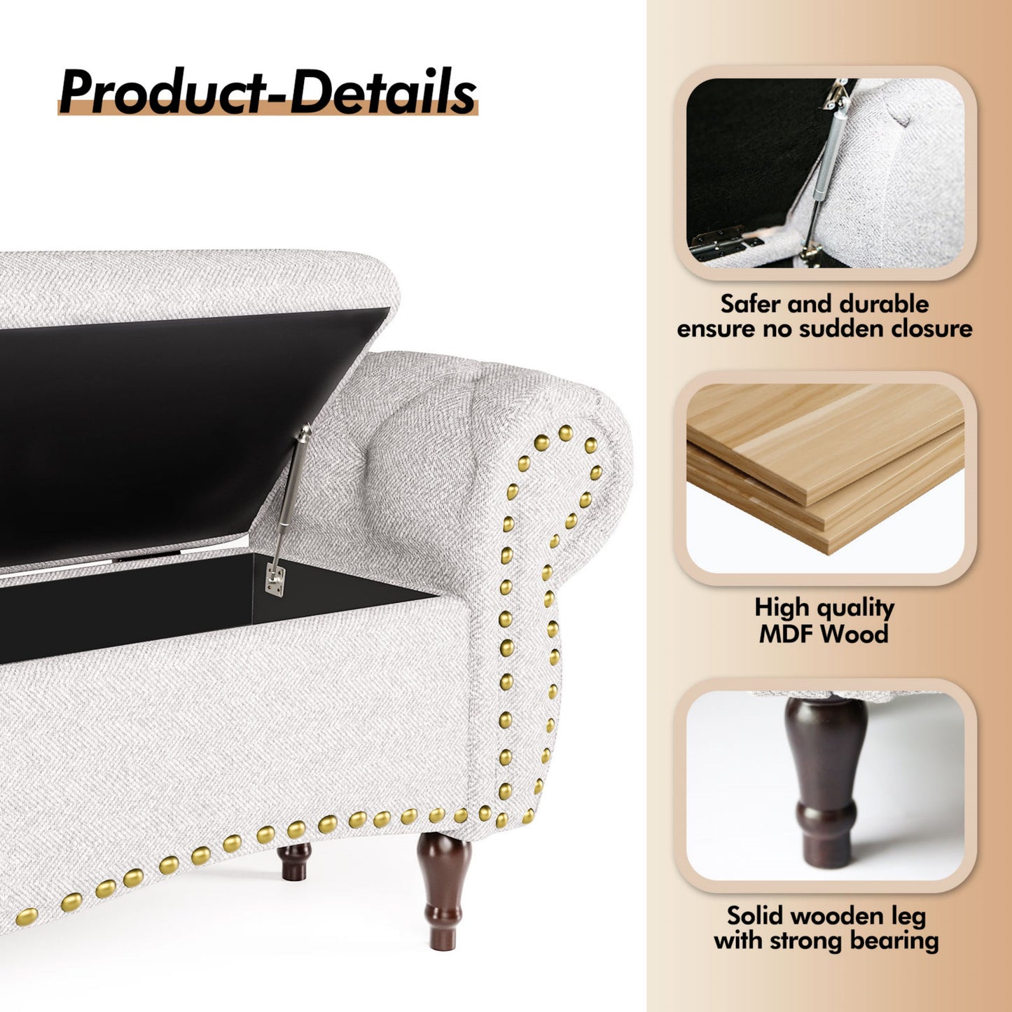 53" Tufted Storage Ottoman Bench, Upholstered End-of-Bed Bench with Rolled Arms, Nailhead Trim & Safety Hinge for Bedroom, Living Room & Entryway