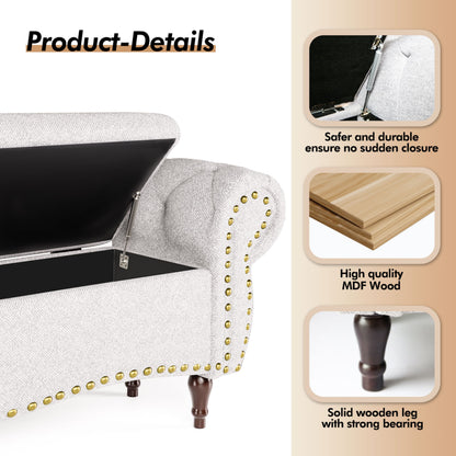 53" Tufted Storage Ottoman Bench, Upholstered End-of-Bed Bench with Rolled Arms, Nailhead Trim & Safety Hinge for Bedroom, Living Room & Entryway