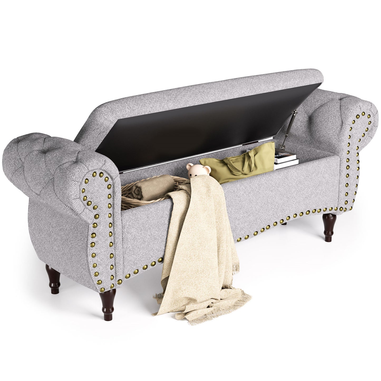53" Tufted Storage Ottoman Bench, Upholstered End-of-Bed Bench with Rolled Arms, Nailhead Trim & Safety Hinge for Bedroom, Living Room & Entryway