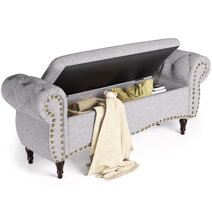 53" Tufted Storage Ottoman Bench, Upholstered End-of-Bed Bench with Rolled Arms, Nailhead Trim & Safety Hinge for Bedroom, Living Room & Entryway