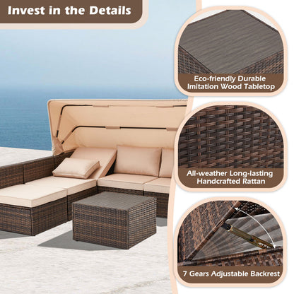 6 Pieces Patio Furniture Sets w/Adjustable Canopy and Backrest, All Weather Wicker Outdoor Patio Conversation Sets, Comfy Outdoor Couch Patio Sectional for Summer Outside, Backyard
