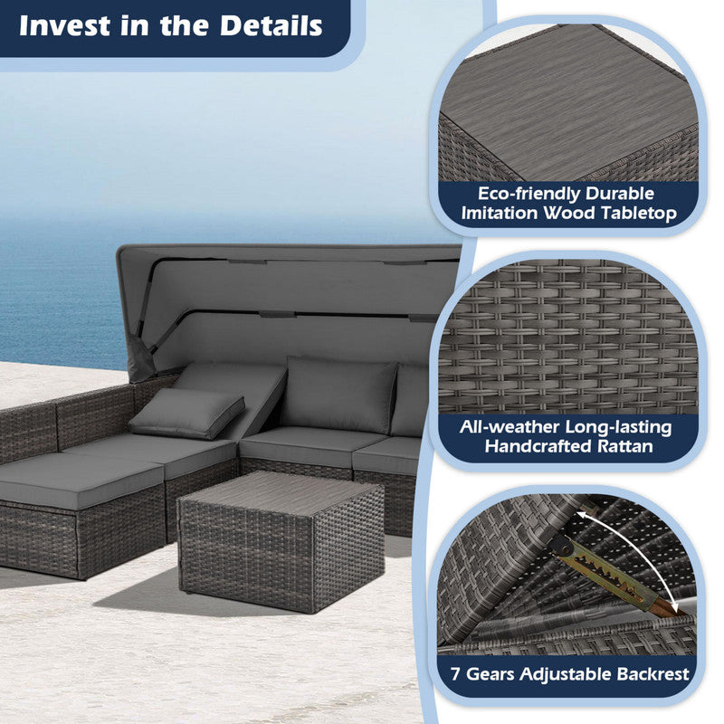 6 Pieces Patio Furniture Sets w/Adjustable Canopy and Backrest, All Weather Wicker Outdoor Patio Conversation Sets, Comfy Outdoor Couch Patio Sectional for Summer Outside, Backyard