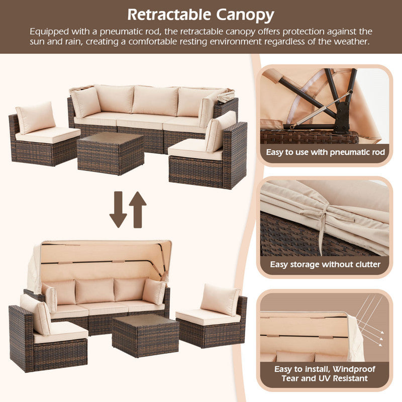 6 Pieces Patio Furniture Sets w/Adjustable Canopy and Backrest, All Weather Wicker Outdoor Patio Conversation Sets, Comfy Outdoor Couch Patio Sectional for Summer Outside, Backyard