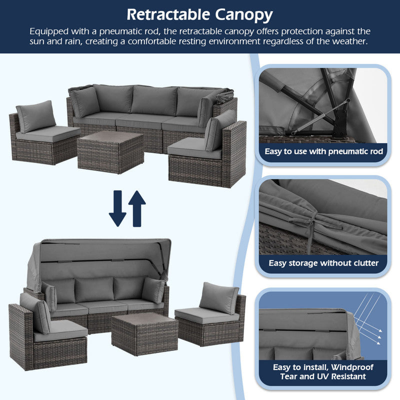 6 Pieces Patio Furniture Sets w/Adjustable Canopy and Backrest, All Weather Wicker Outdoor Patio Conversation Sets, Comfy Outdoor Couch Patio Sectional for Summer Outside, Backyard
