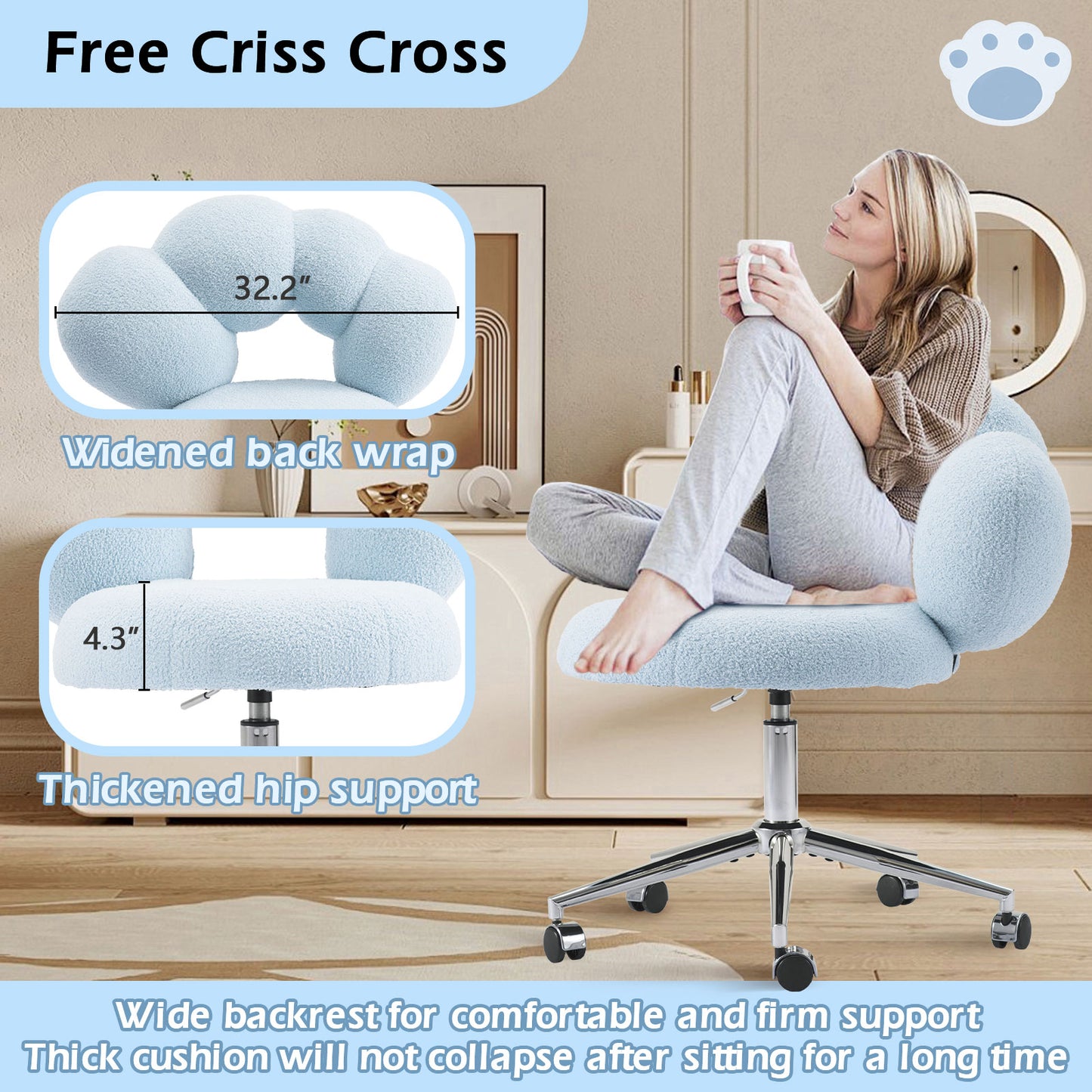 Armless Desk Chair, Teddy Fabric Vanity Chair with Wheels & Adjustable Height, Cute Cross-Legged Office Chair for Bedroom, Living Room & Dressing Room
