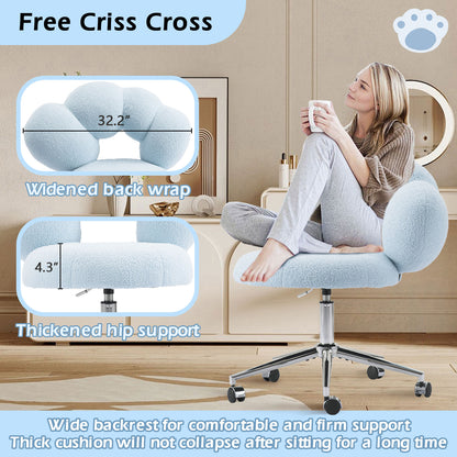 Armless Desk Chair, Teddy Fabric Vanity Chair with Wheels & Adjustable Height, Cute Cross-Legged Office Chair for Bedroom, Living Room & Dressing Room