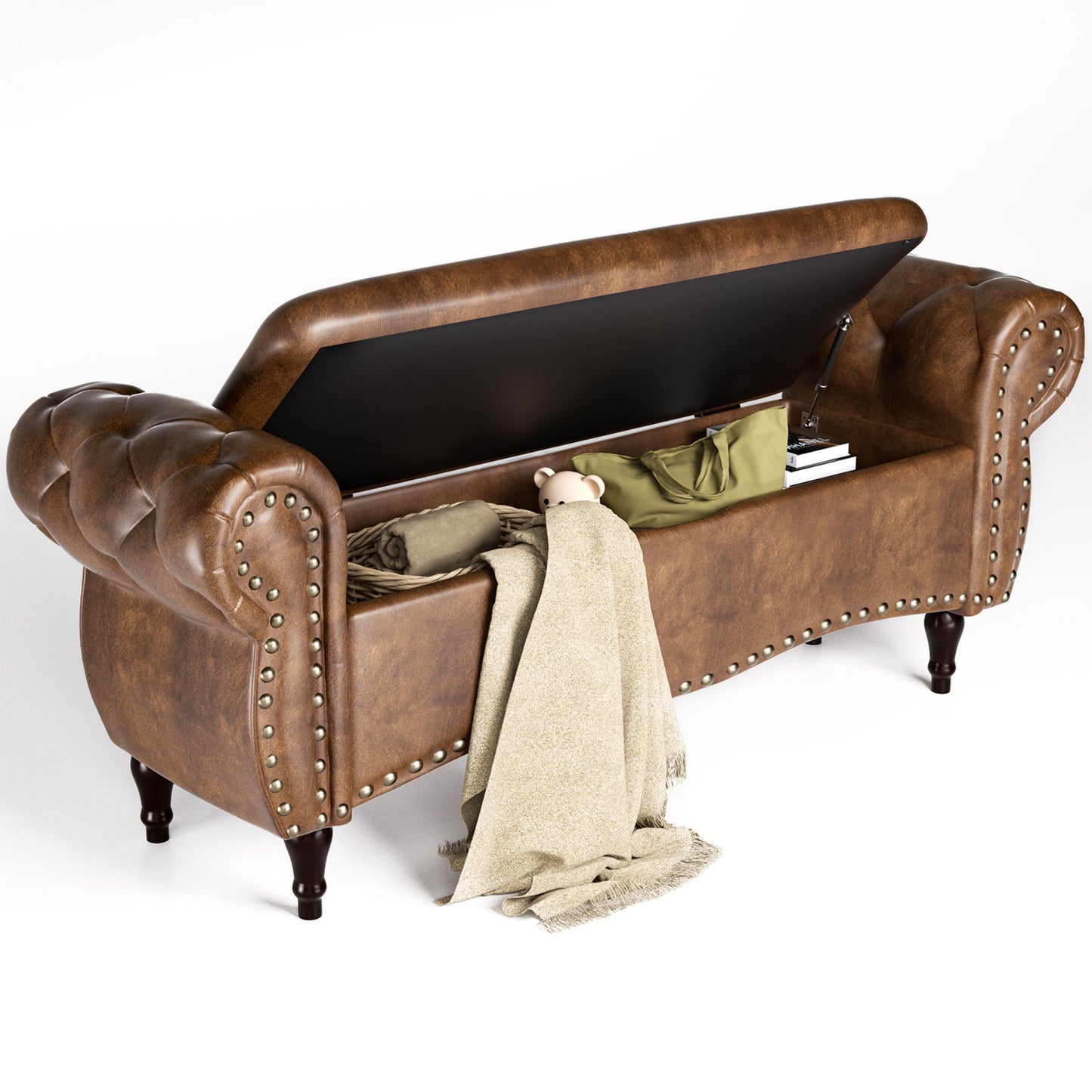 53" Tufted Storage Ottoman Bench, Upholstered End-of-Bed Bench with Rolled Arms, Nailhead Trim & Safety Hinge for Bedroom, Living Room & Entryway