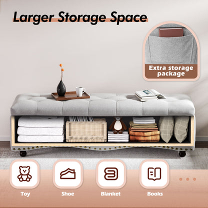 48.5" Storage Bench, Tufted Upholstered End-of-Bed Ottoman with Safety Hinge, Nailhead Trim & Side Pockets for Bedroom, Entryway & Living Room