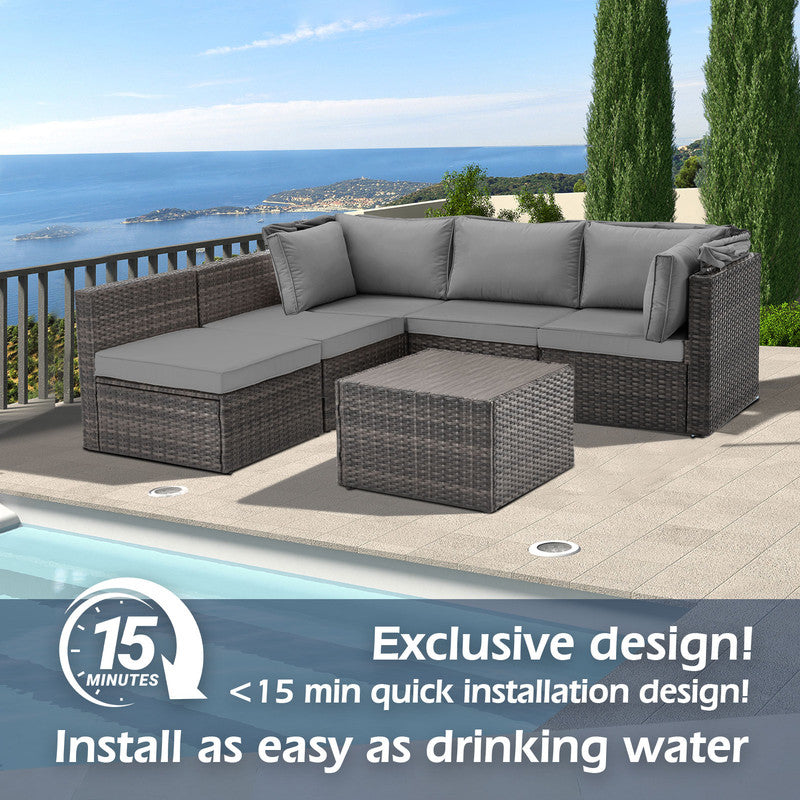 6 Pieces Patio Furniture Sets w/Adjustable Canopy and Backrest, All Weather Wicker Outdoor Patio Conversation Sets, Comfy Outdoor Couch Patio Sectional for Summer Outside, Backyard