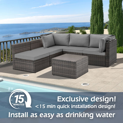 6 Pieces Patio Furniture Sets w/Adjustable Canopy and Backrest, All Weather Wicker Outdoor Patio Conversation Sets, Comfy Outdoor Couch Patio Sectional for Summer Outside, Backyard