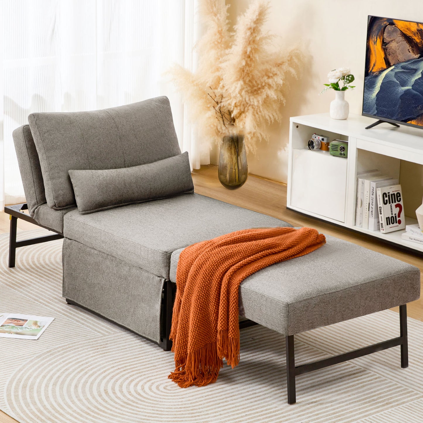 5-in-1 Convertible Sleeper Chair Bed, Assembly-Free Folding Sofa Chair with Adjustable Backrest, Linen Ottoman Sofa Bed for Apartment & Living Room