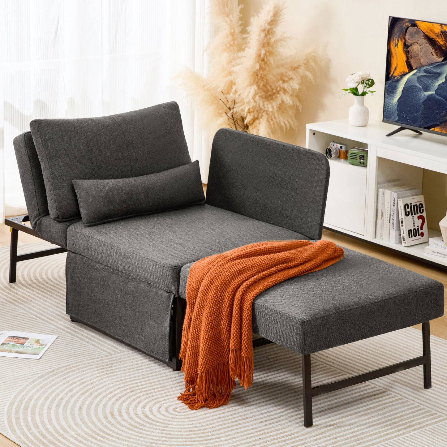 5-in-1 Convertible Sleeper Chair Bed, Assembly-Free Folding Sofa Chair with Adjustable Backrest, Linen Ottoman Sofa Bed for Apartment & Living Room