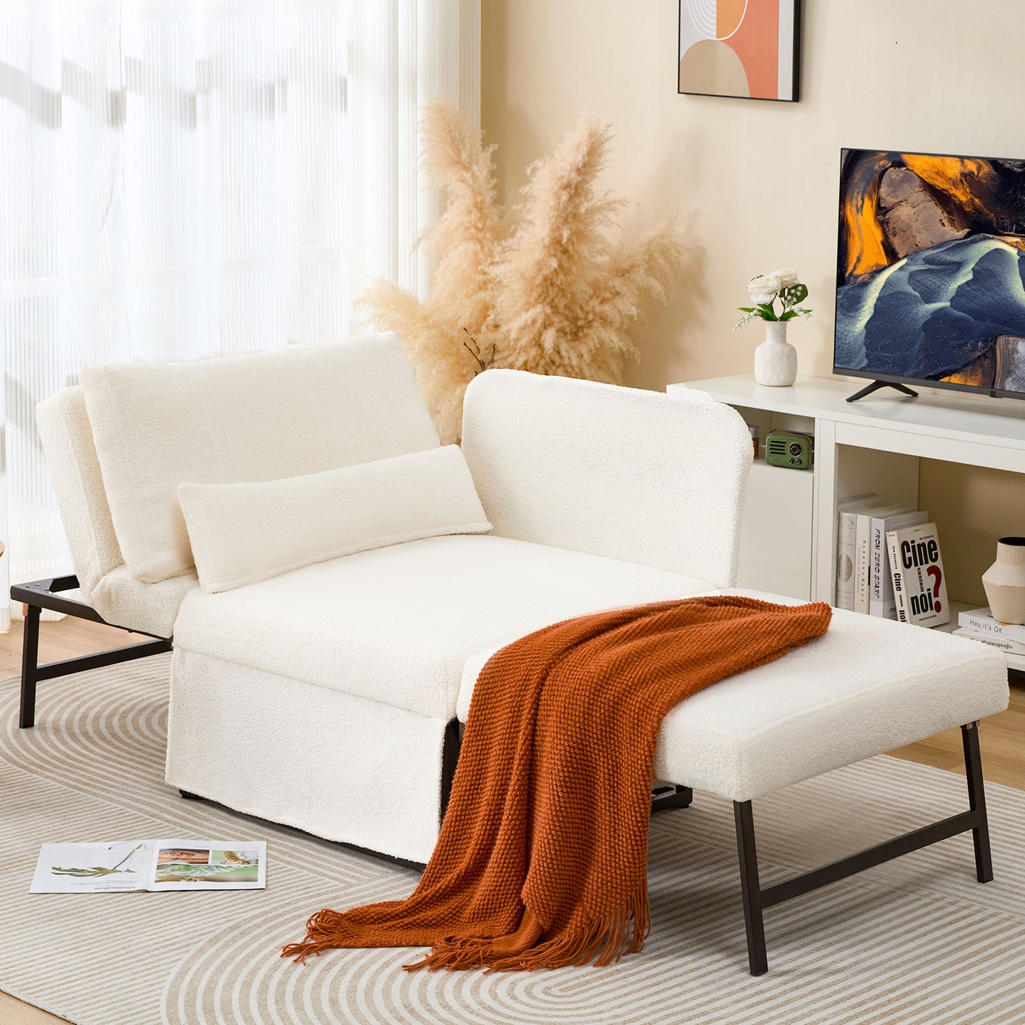 5-in-1 Convertible Sleeper Chair Bed, Assembly-Free Folding Sofa Chair with Adjustable Backrest, Linen Ottoman Sofa Bed for Apartment & Living Room