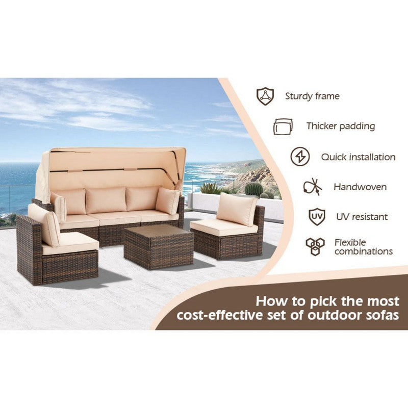 6 Pieces Patio Furniture Sets w/Adjustable Canopy and Backrest, All Weather Wicker Outdoor Patio Conversation Sets, Comfy Outdoor Couch Patio Sectional for Summer Outside, Backyard