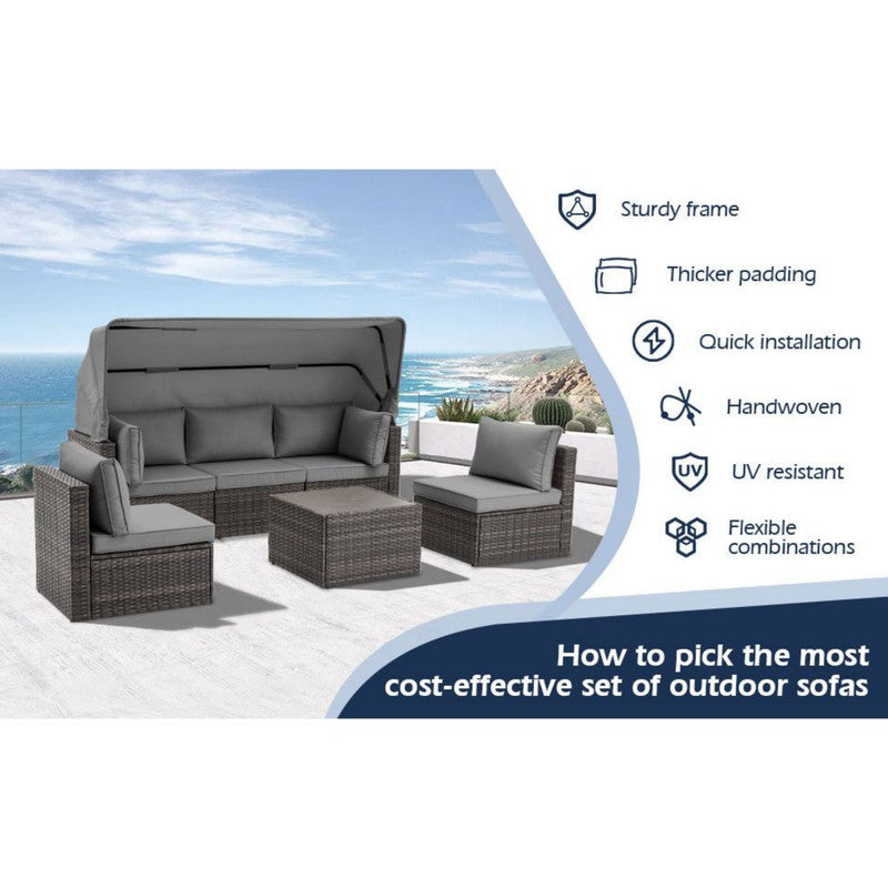 6 Pieces Patio Furniture Sets w/Adjustable Canopy and Backrest, All Weather Wicker Outdoor Patio Conversation Sets, Comfy Outdoor Couch Patio Sectional for Summer Outside, Backyard