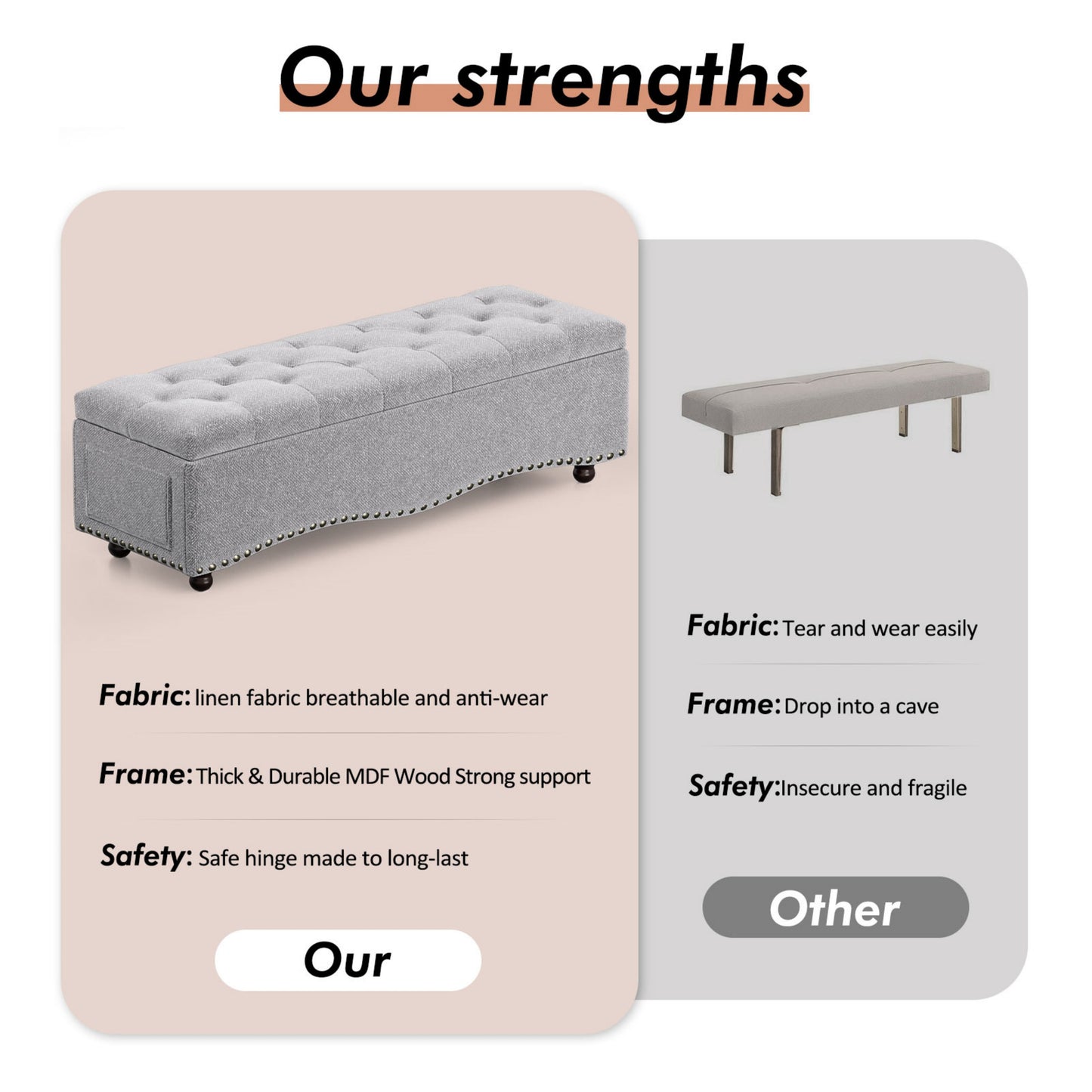 48.5" Storage Bench, Tufted Upholstered End-of-Bed Ottoman with Safety Hinge, Nailhead Trim & Side Pockets for Bedroom, Entryway & Living Room