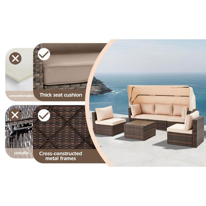 6 Pieces Patio Furniture Sets w/Adjustable Canopy and Backrest, All Weather Wicker Outdoor Patio Conversation Sets, Comfy Outdoor Couch Patio Sectional for Summer Outside, Backyard