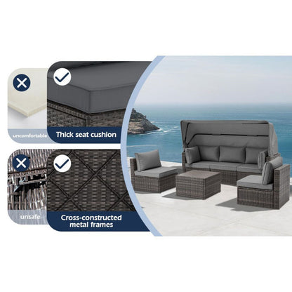 6 Pieces Patio Furniture Sets w/Adjustable Canopy and Backrest, All Weather Wicker Outdoor Patio Conversation Sets, Comfy Outdoor Couch Patio Sectional for Summer Outside, Backyard