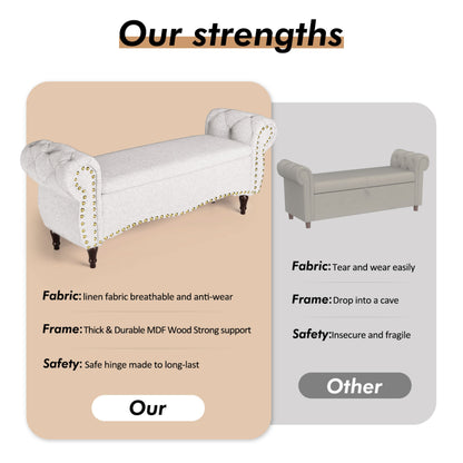 53" Tufted Storage Ottoman Bench, Upholstered End-of-Bed Bench with Rolled Arms, Nailhead Trim & Safety Hinge for Bedroom, Living Room & Entryway
