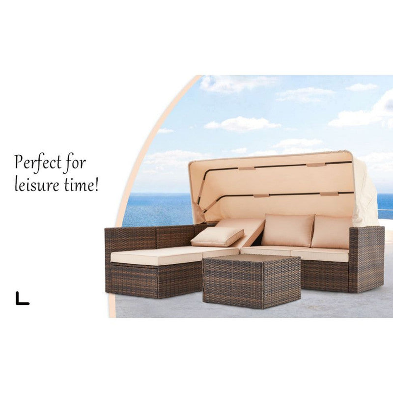 6 Pieces Patio Furniture Sets w/Adjustable Canopy and Backrest, All Weather Wicker Outdoor Patio Conversation Sets, Comfy Outdoor Couch Patio Sectional for Summer Outside, Backyard