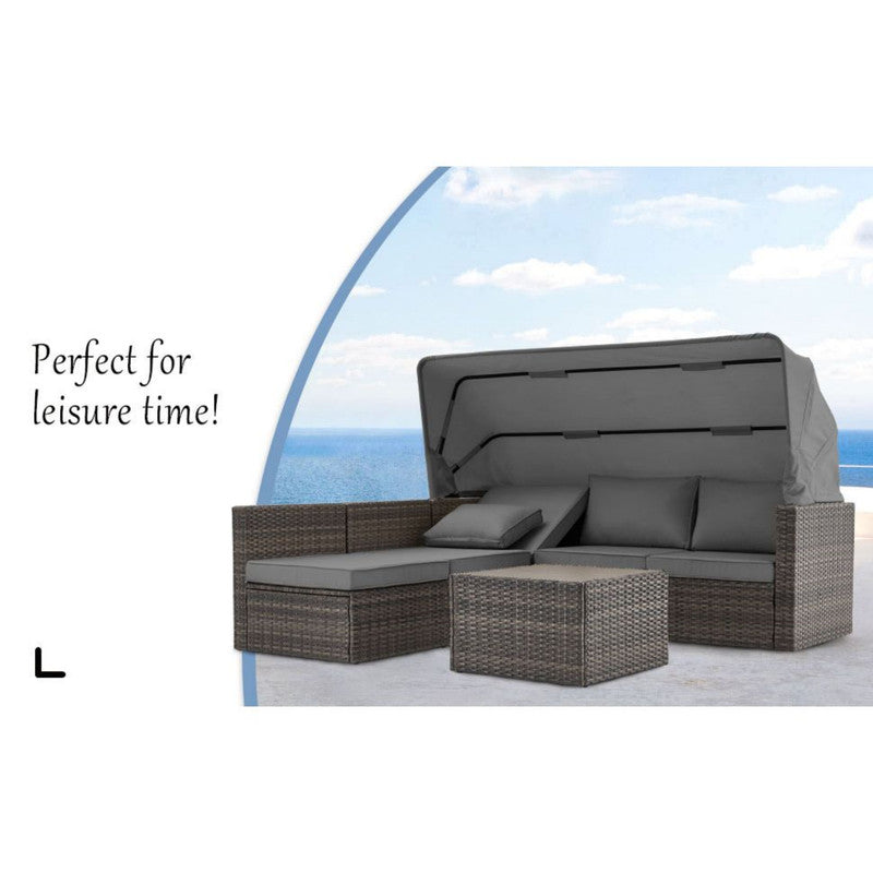6 Pieces Patio Furniture Sets w/Adjustable Canopy and Backrest, All Weather Wicker Outdoor Patio Conversation Sets, Comfy Outdoor Couch Patio Sectional for Summer Outside, Backyard