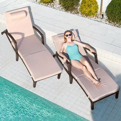 Chaise Lounge Chairs Outdoor Set of 2, Comfy Outside Wicker Patio Pool Lounge Chair w/ 5 Adjustable Back Angle, Cup Holder, Thicken Cushion