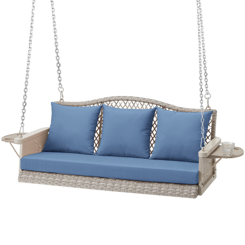 Upgraded Wicker Hanging Porch Swing Heavy Duty 900 LBS 3-Seat Outdoor Patio Swing Chair Bench for Adult w/ 8.9ft Hanging Chains Cushions and Cup Holder