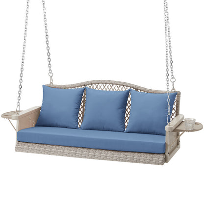 Upgraded Wicker Hanging Porch Swing Heavy Duty 900 LBS 3-Seat Outdoor Patio Swing Chair Bench for Adult w/ 8.9ft Hanging Chains Cushions and Cup Holder