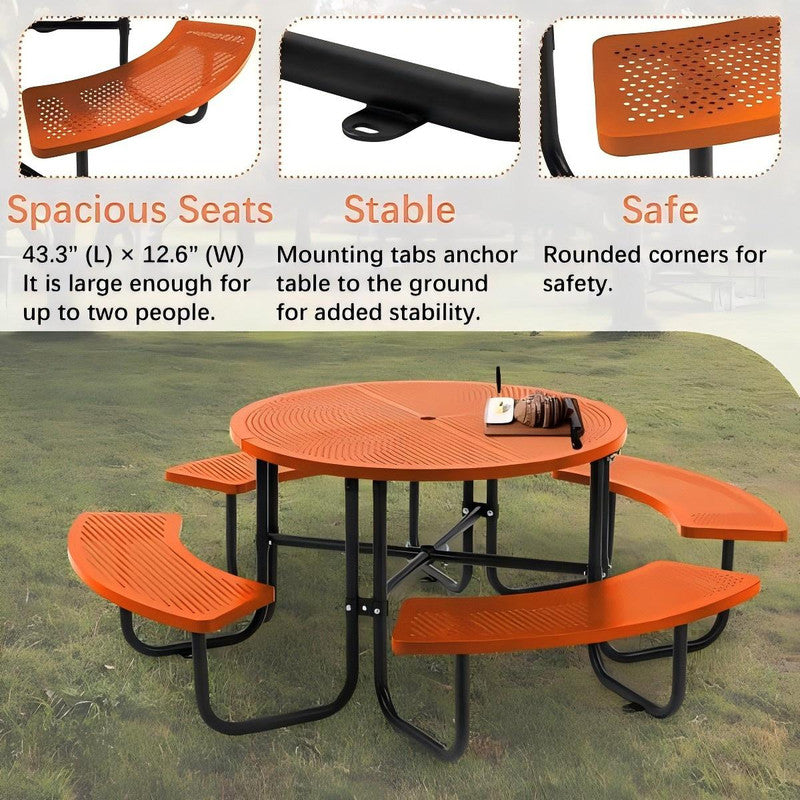 83 in. Round Outdoor Steel Picnic Table, 1-Piece with 4-Built-in Benches and Umbrella Hole