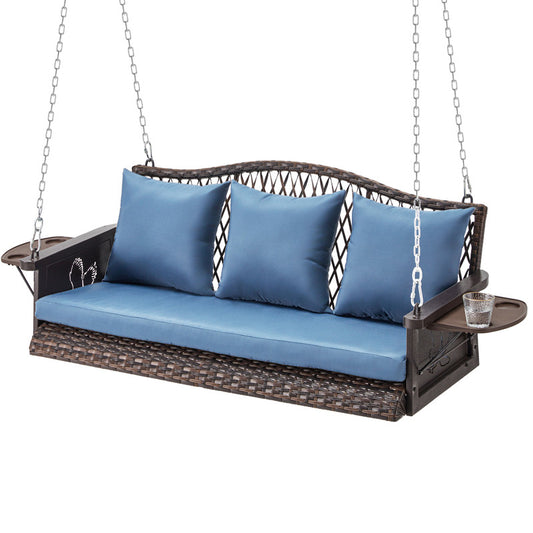 Upgraded Wicker Hanging Porch Swing Heavy Duty 900 LBS 3-Seat Outdoor Patio Swing Chair Bench for Adult w/ 8.9ft Hanging Chains Cushions and Cup Holder