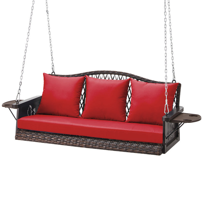 Upgraded Wicker Hanging Porch Swing Heavy Duty 900 LBS 3-Seat Outdoor Patio Swing Chair Bench for Adult w/ 8.9ft Hanging Chains Cushions and Cup Holder