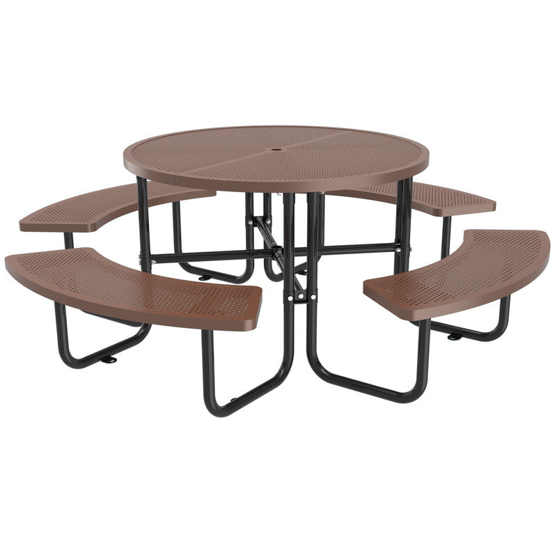 83 in. Round Outdoor Steel Picnic Table, 1-Piece with 4-Built-in Benches and Umbrella Hole
