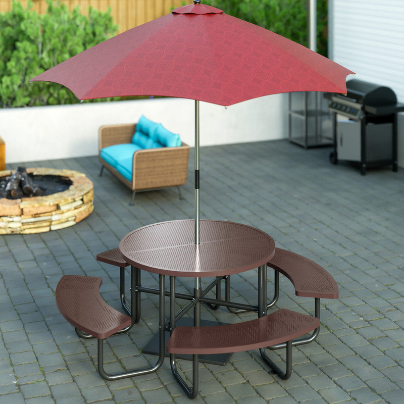 83 in. Round Outdoor Steel Picnic Table, 1-Piece with 4-Built-in Benches and Umbrella Hole