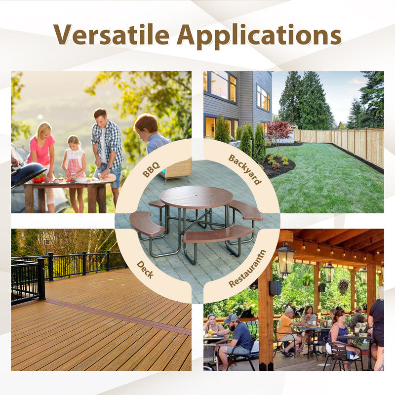 83 in. Round Outdoor Steel Picnic Table, 1-Piece with 4-Built-in Benches and Umbrella Hole
