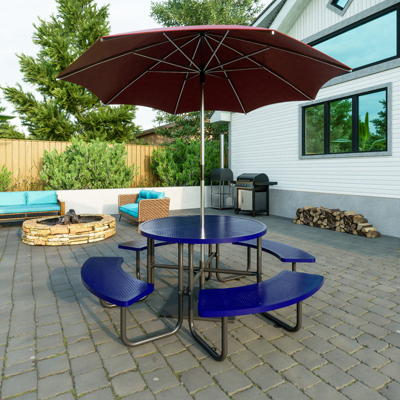 83 in. Round Outdoor Steel Picnic Table, 1-Piece with 4-Built-in Benches and Umbrella Hole